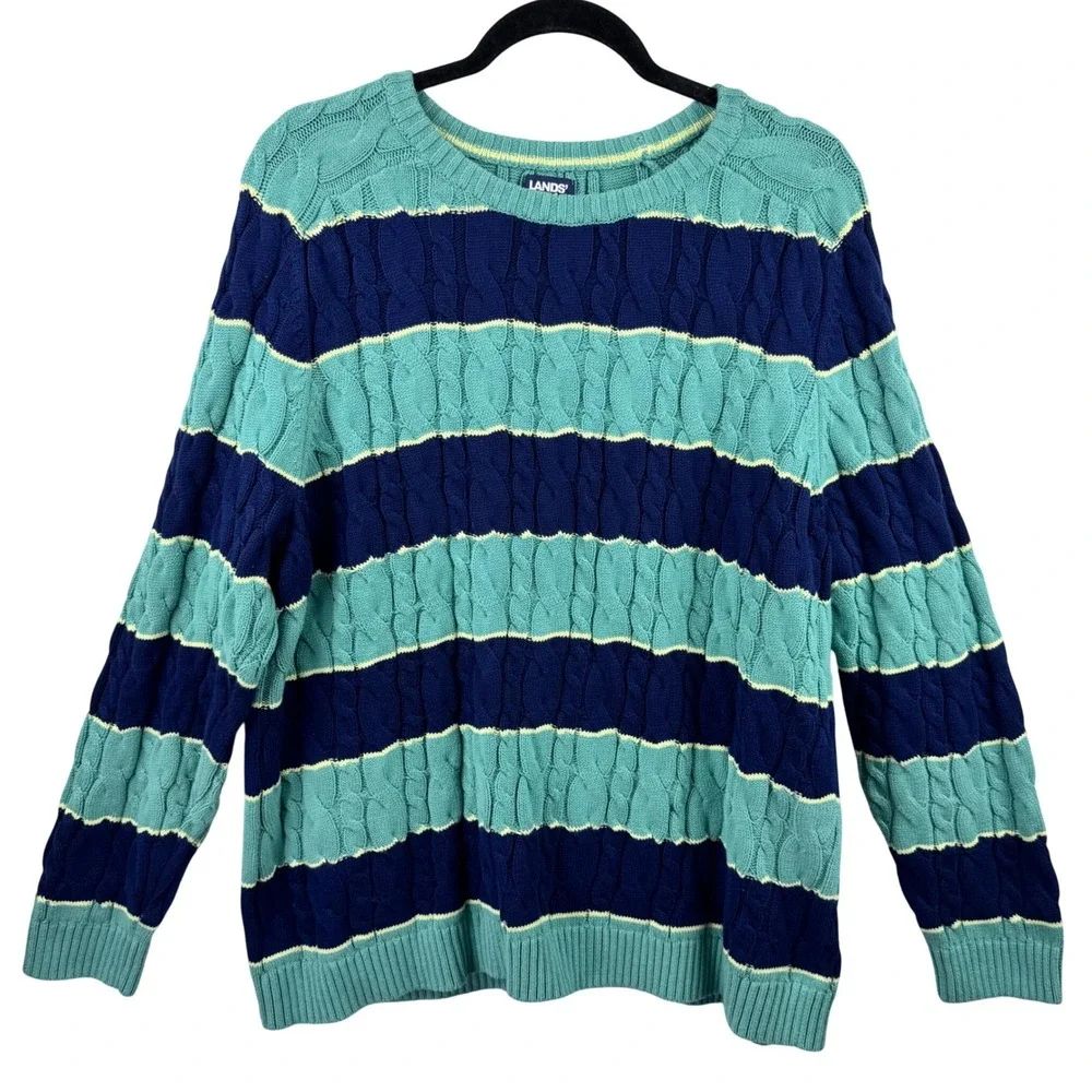 Lands' End Drifter Sweater Womens XL Blue Teal Striped Cable Knit Cotton Preppy